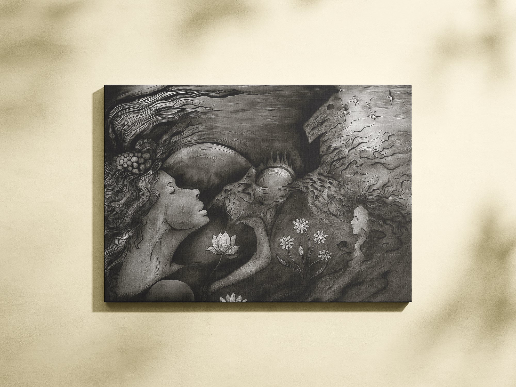 Charcoal artwork on canvas of figures, faces and flowers intertwined