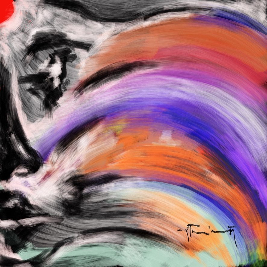 Digital abstract artwork with sweeping arcs of orange, violet and blue over black and white brushwork