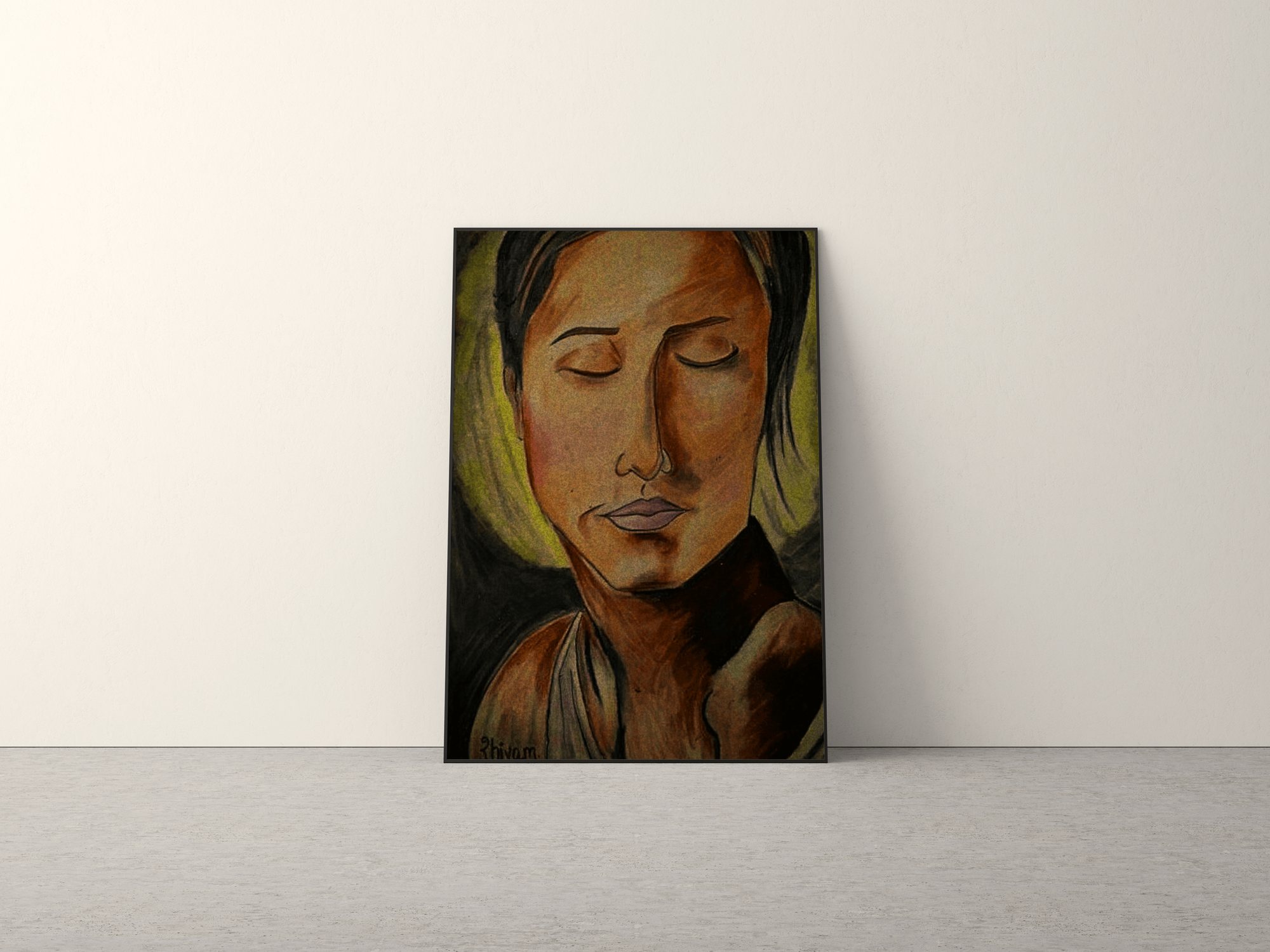 Oil painting of a woman with closed eyes, leaning against a wall