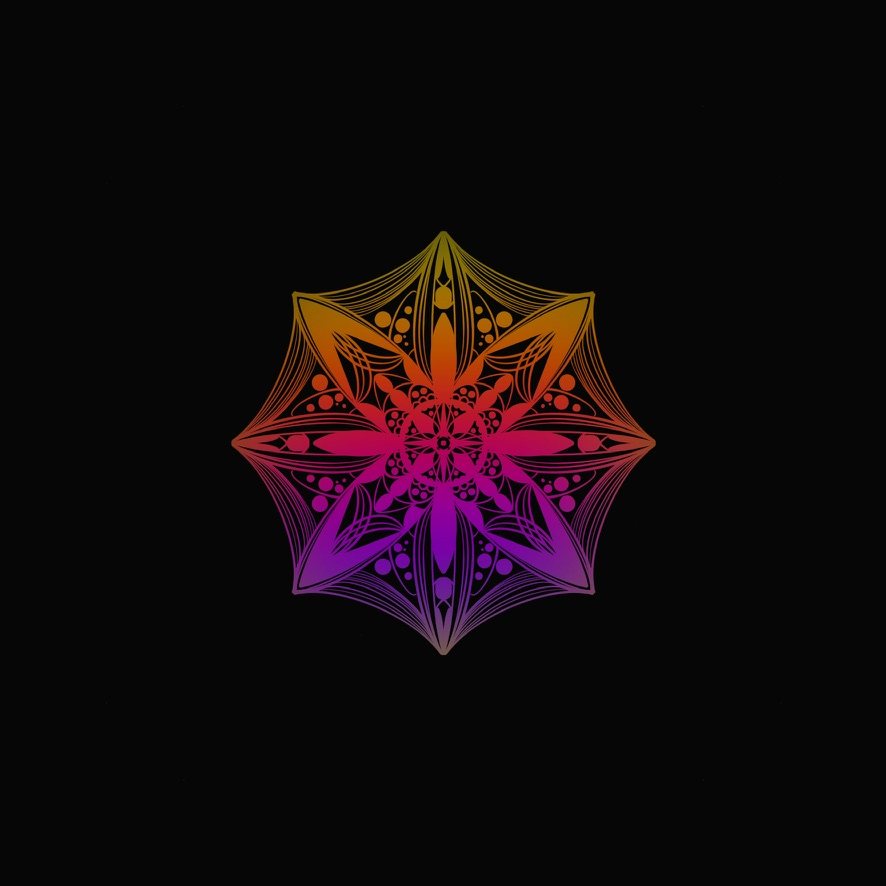 Digital mandala in gradients of gold, pink and violet on black