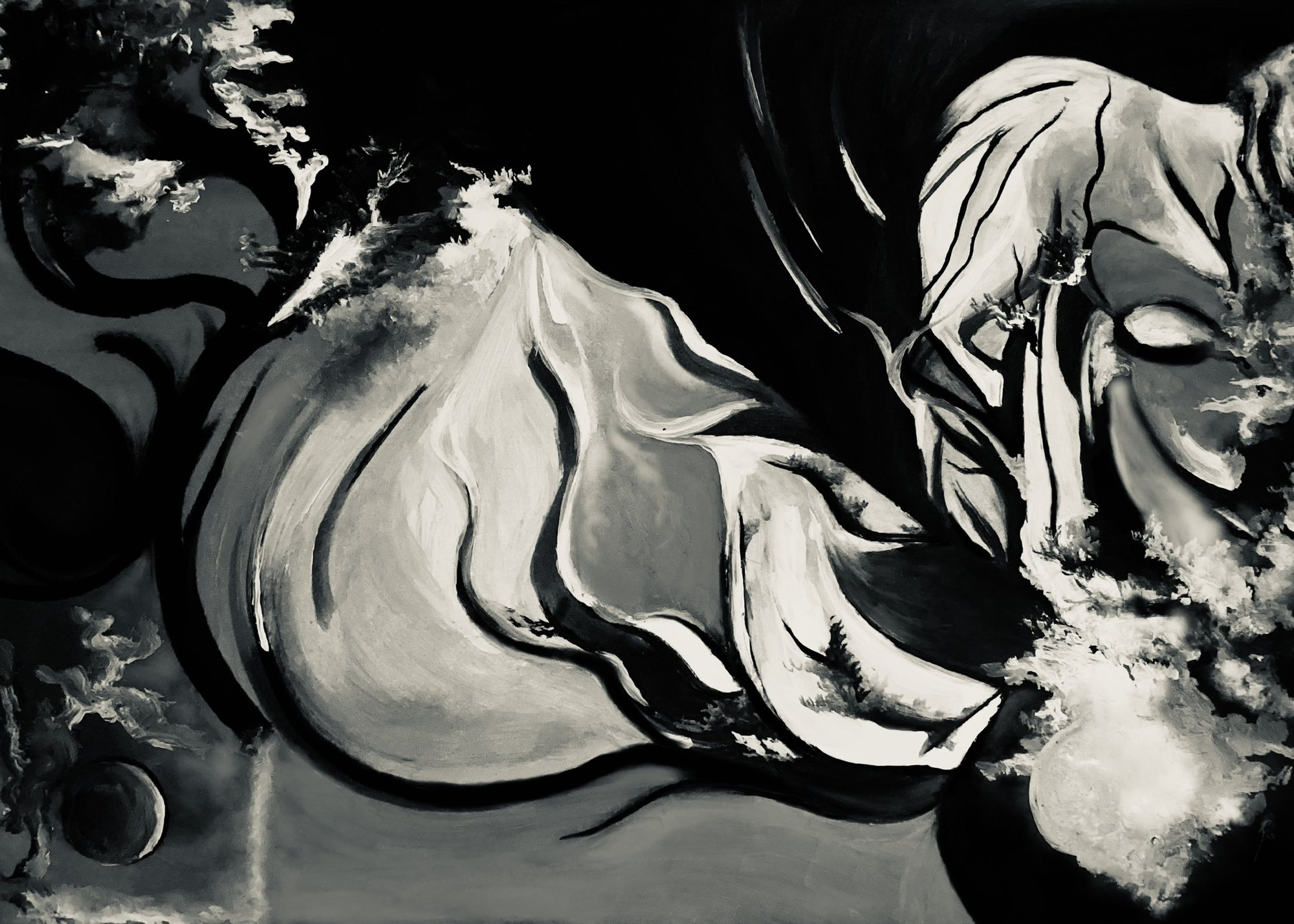 Black and white abstract painting of flowing, petal-like forms