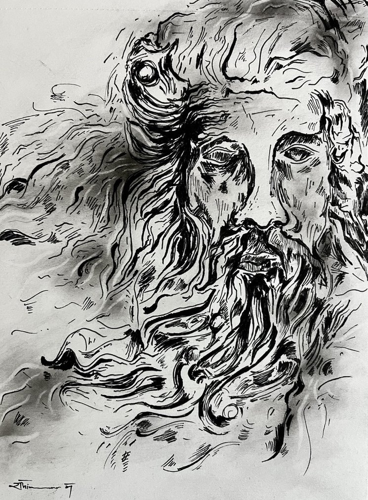 Ink drawing of a bearded face surrounded by sweeping, windblown strands