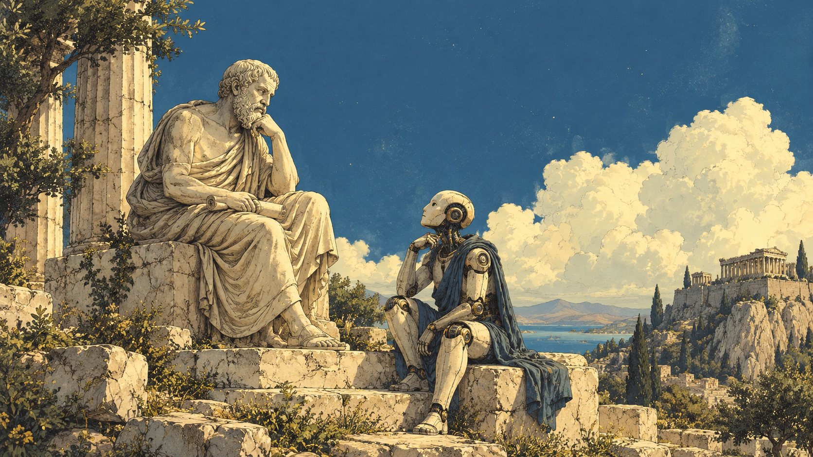 Painted illustration of a robot sitting beside a classical philosopher statue