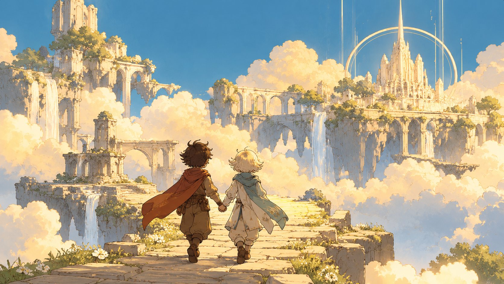 Painted illustration of two children walking toward a castle in the clouds
