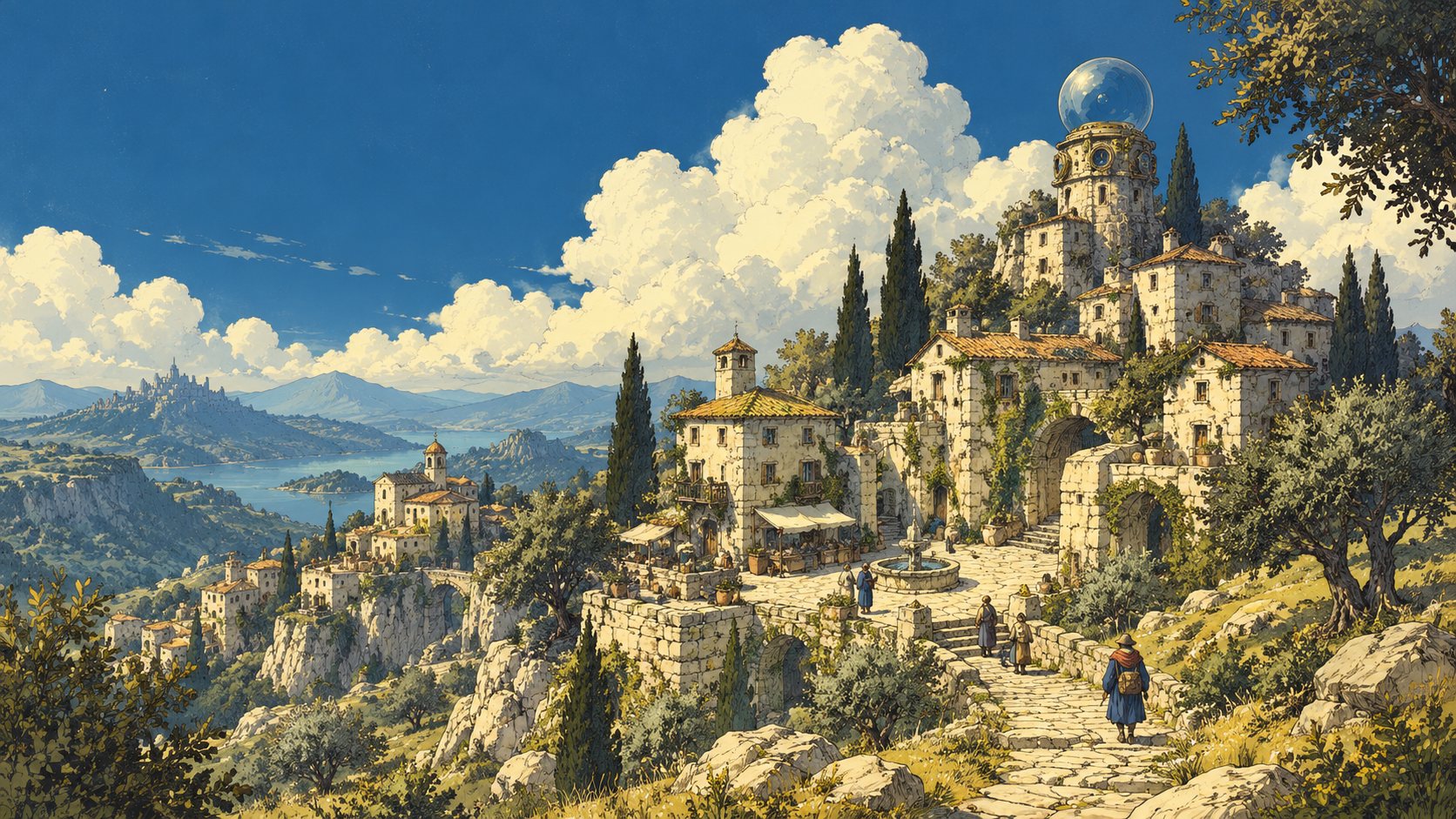 Painted illustration of a hillside village with people walking along a stone path