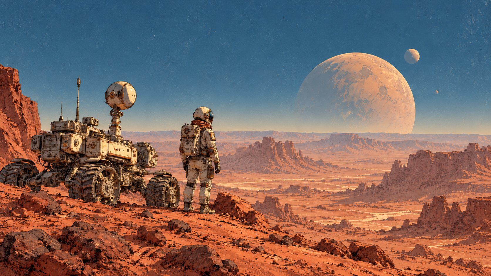 Painted illustration of an astronaut and a rover on a red planet