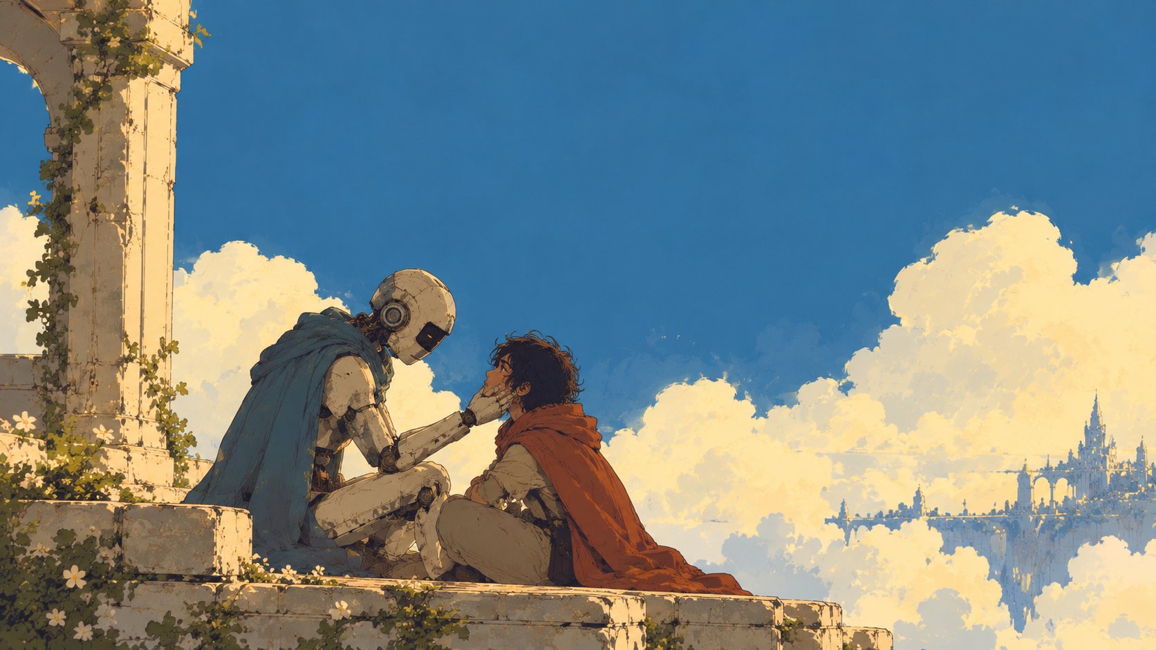 Painted illustration of a robot gently comforting a person on sunlit ruins