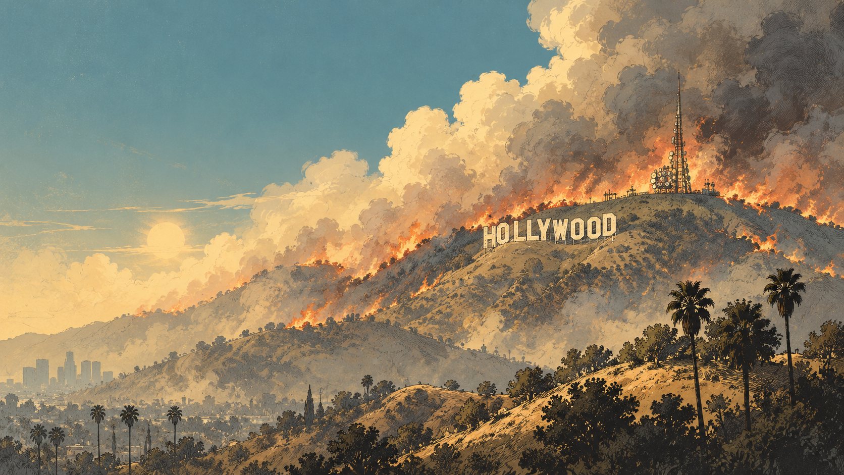 Painted illustration of a wildfire burning across the Hollywood hills